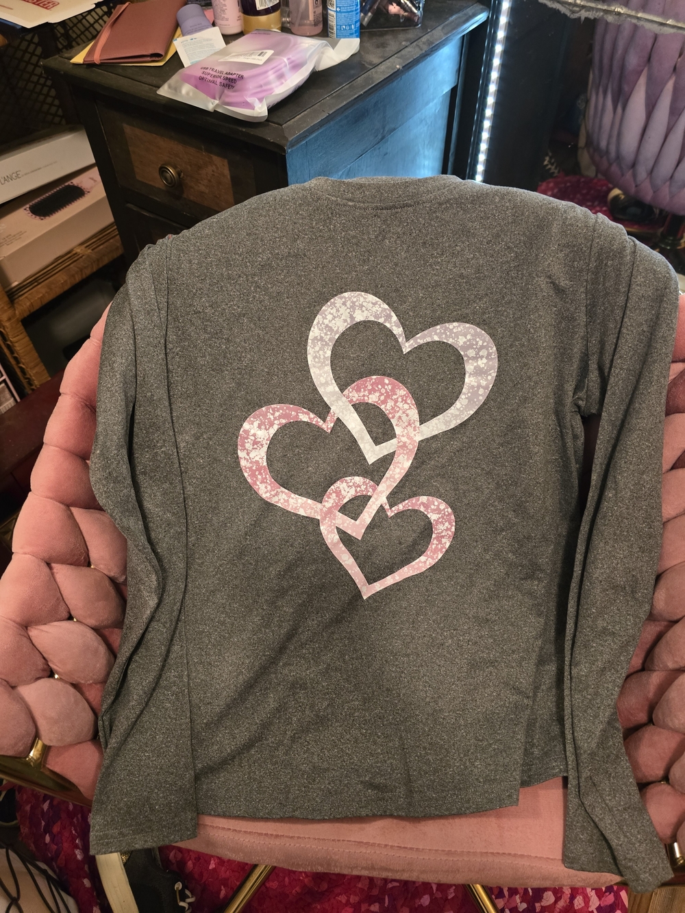 Women's Gray Long-Sleeve Top with Pink Heart Graphic